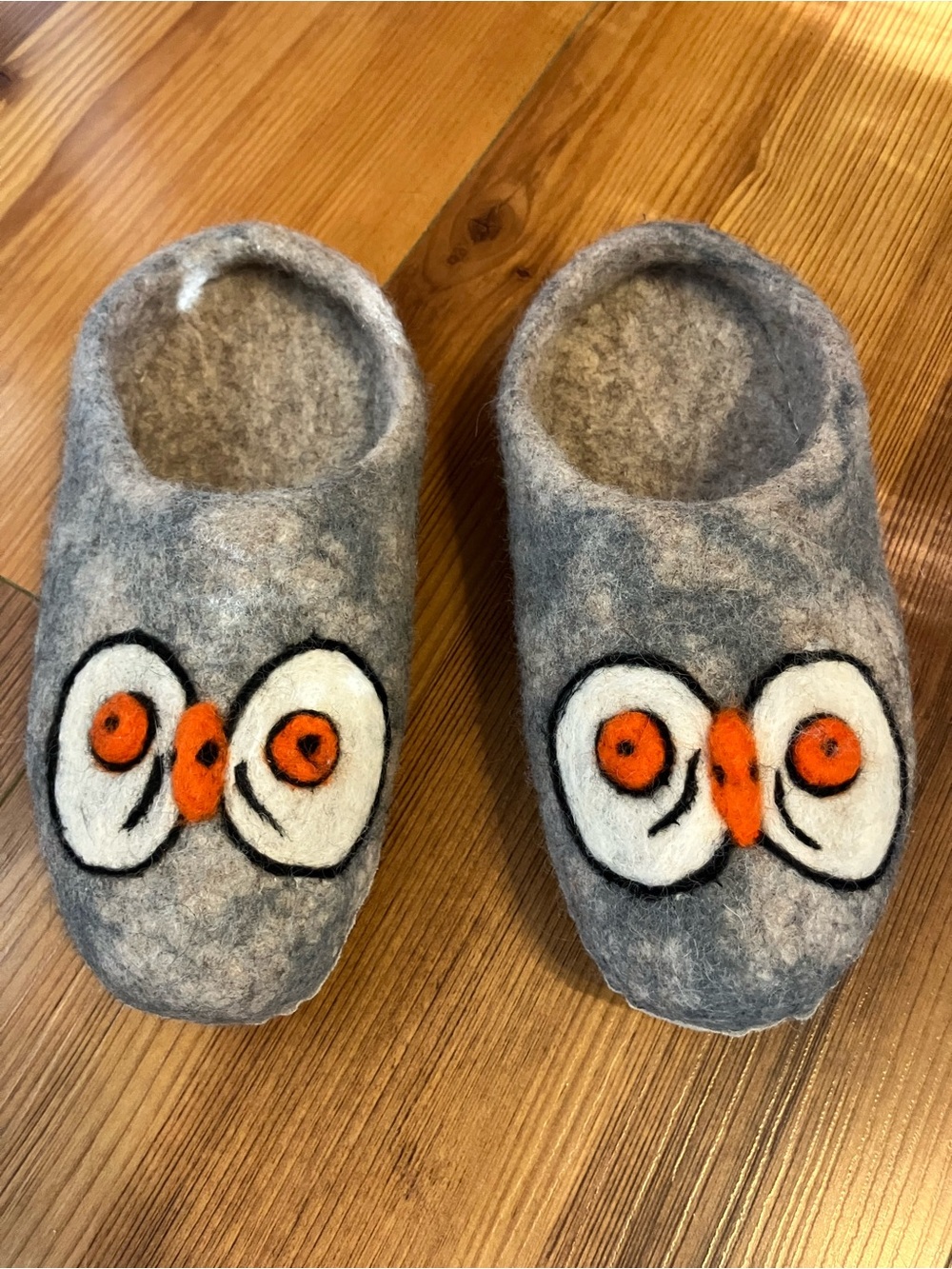 Gray Wool Felt Owl Slippers with Orange & White Accents